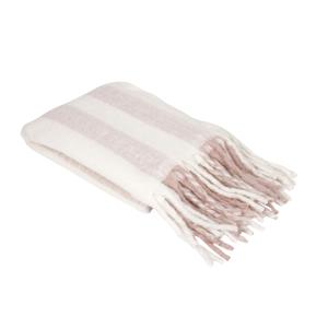 Pläd MIA bredrandig i offwhite och rosa med långa fransar