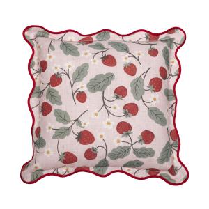 Kuddfodral JORDGUBBE med röda jordgubbar på rosa bottenfärg, röd bågad kant