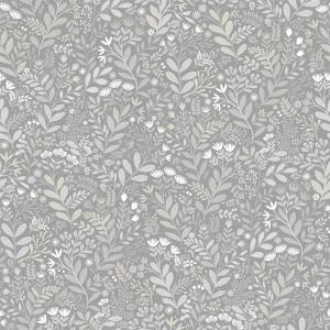 Gardinkappa HAGE på metervara, blad och blommor i grått och beige