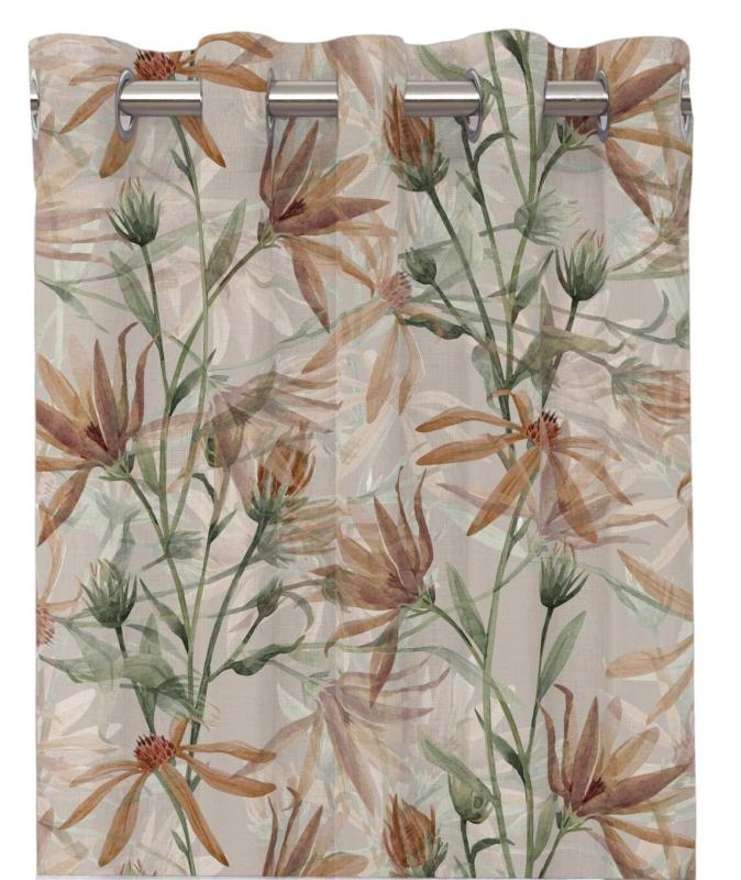 Gardin DENICE stl. 2x140x240 cm, blommönster i rost på linnefärgad botten