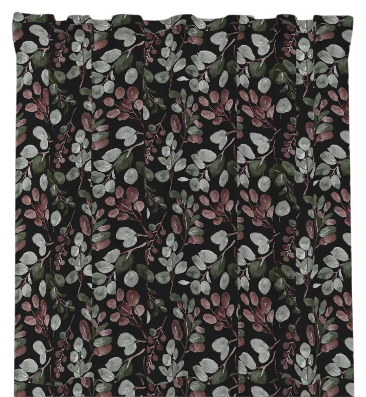 Gardin COLIN stl. 2x140x250 cm, bladkvistar i plommon på svart botten