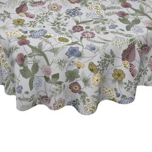 Rund Vaxduk HILDA med ängsblommor i rosa, blått och gult på grå botten