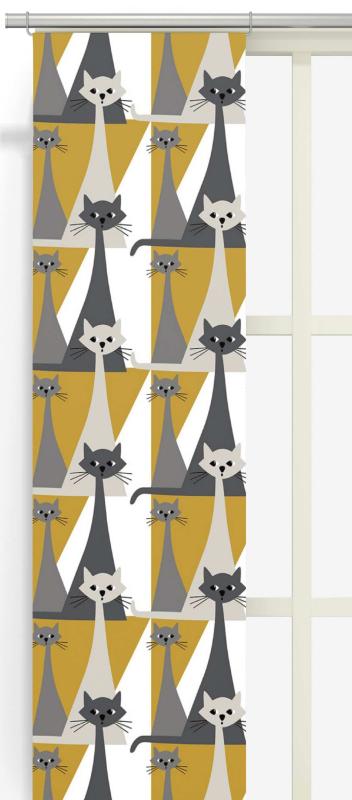 Panelgardin Kitty, tuffa katter, Stl. 2st 43x240cm, ockragul, grå