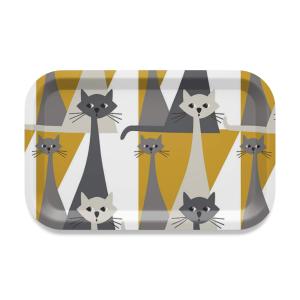 Bricka Kitty med tuffa katter. Stl. 27x20cm, ockragul, grå