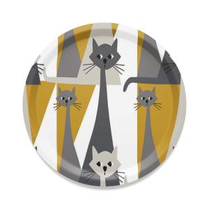 Rund bricka Kitty med tuffa katter. Stl. diameter 31cm, ockragul, grå