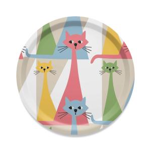 Rund bricka Kitty med tuffa katter. Stl. diameter 31cm, rosa, gul, grön, blå, multi
