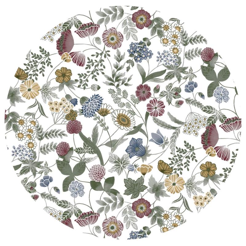 Rund Vaxduk HILDA, ängsblommor i rosa, blått och gult, vit botten