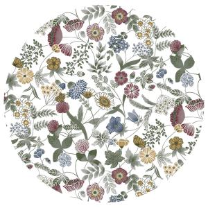 Rund Vaxduk HILDA, ängsblommor i rosa, blått och gult, vit botten