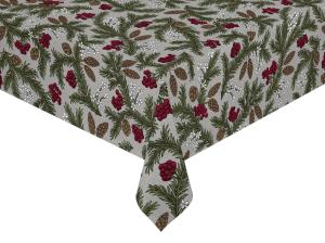 Vaxduk på metervara, KVIST, med kottar, bär och gröna kvistar, bredd 140cm, grå.