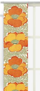 Panelgardin LOVE med en färgsprakande stor blomma i orange och gult, beige blad runt om