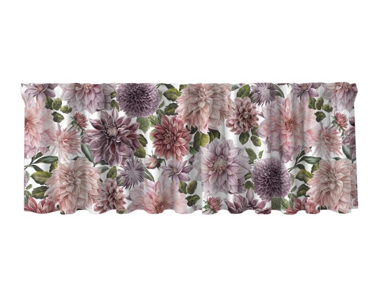 Gardinkappa Flowers, blommönster Dahlia, med multiband. Stl. 50x250 cm, Vit/rosa
