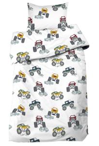 Bäddset Monstertruck med monstertruks i olika färger på vit botten.