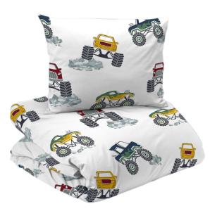 Bäddset Monstertruck med monstertruks i olika färger på vit botten.