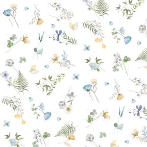 Gardinkappa LEA på metervara med blommor och blad i gult, blått och grönt