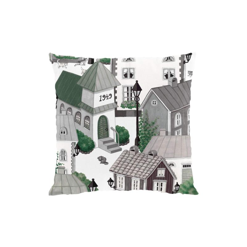 Kuddfodral Lyckeby Blommar med hus i en liten stad, Stl. 47x47cm, grå, grön