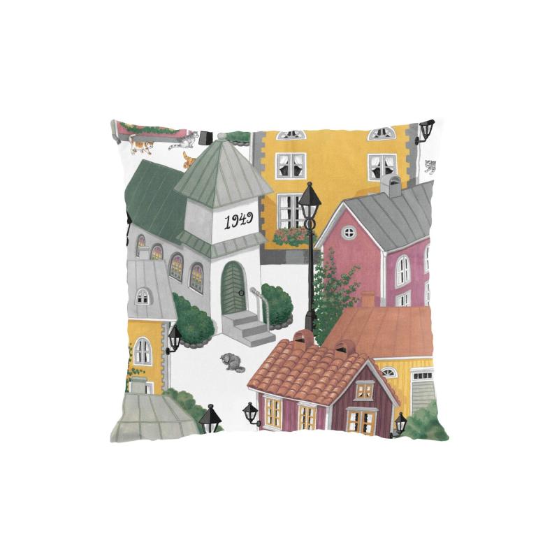 Kuddfodral Lyckeby Blommar med hus i en liten stad, Stl. 47x47cm, rosa, gul