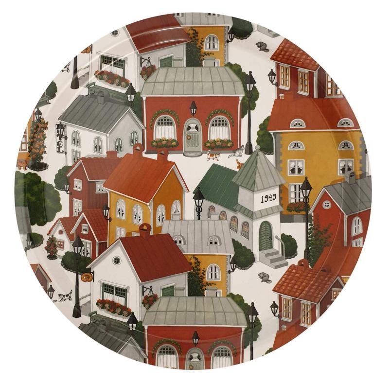 Rund bricka Lyckeby Blommar med hus i en liten stad, Stl. diameter 31cm, multifärg