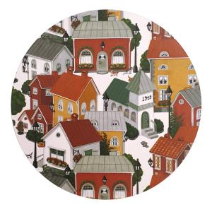 Grytunderlägg Lyckeby Blommar med hus i en liten stad, Stl. diameter 21cm, multifärg