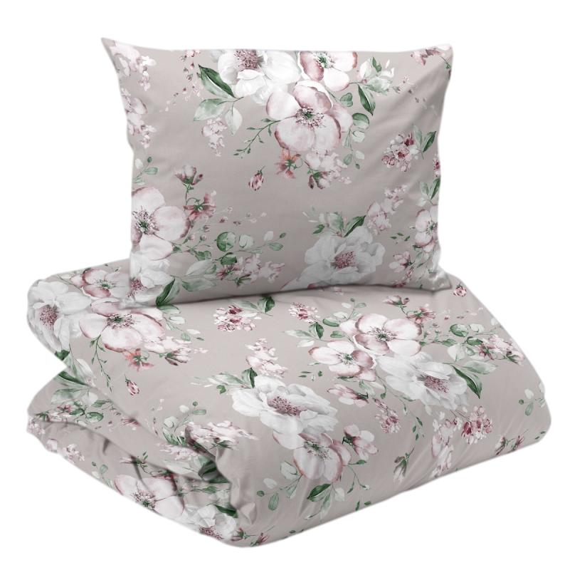 Bäddset FLORAL med stora rosa blommor på linnefärgad botten