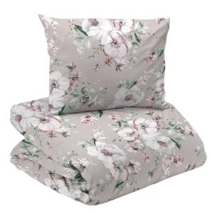 Bäddset FLORAL med stora rosa blommor på linnefärgad botten