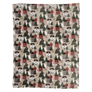 Pläd Vimmerby med röda, vita svarta och grå hus, granar, harar och rådjur, Linnefärgad botten