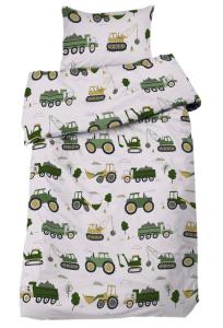 Bäddset Busy Tractors, påslakan och örngott med grävmaskiner, traktorer och lastbilar, grön