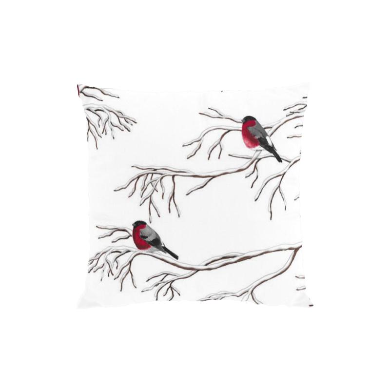 Kuddfodral Vinterland, röda domherrar på snöiga grenar, stl. 47x47cm, offwhite.