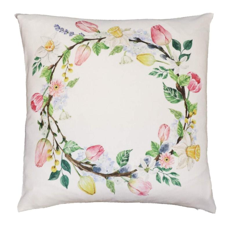 Kuddfodral Blomsterkrans med vårblommor bundna i en krans i gult, rosa och grönt