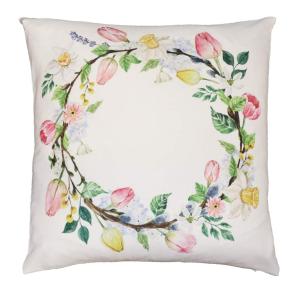 Kuddfodral Blomsterkrans med vårblommor bundna i en krans i gult, rosa och grönt