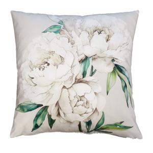 Kuddfodral PIONER, storblommigt i vitt och grönt på linnefärgad botten