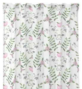 Gardin Rättvik med blommor och blad i grönt och rosa på vit bottenfärg