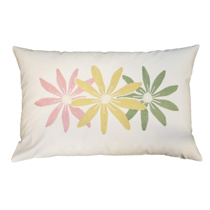 Kuddfodral ILSE, avlångt med tre broderade blommor i rosa, gult och grönt
