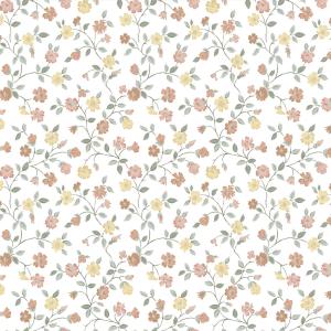 Gardinkappa LOTTA på metervara, gula och aprikos små blommor, vit botten