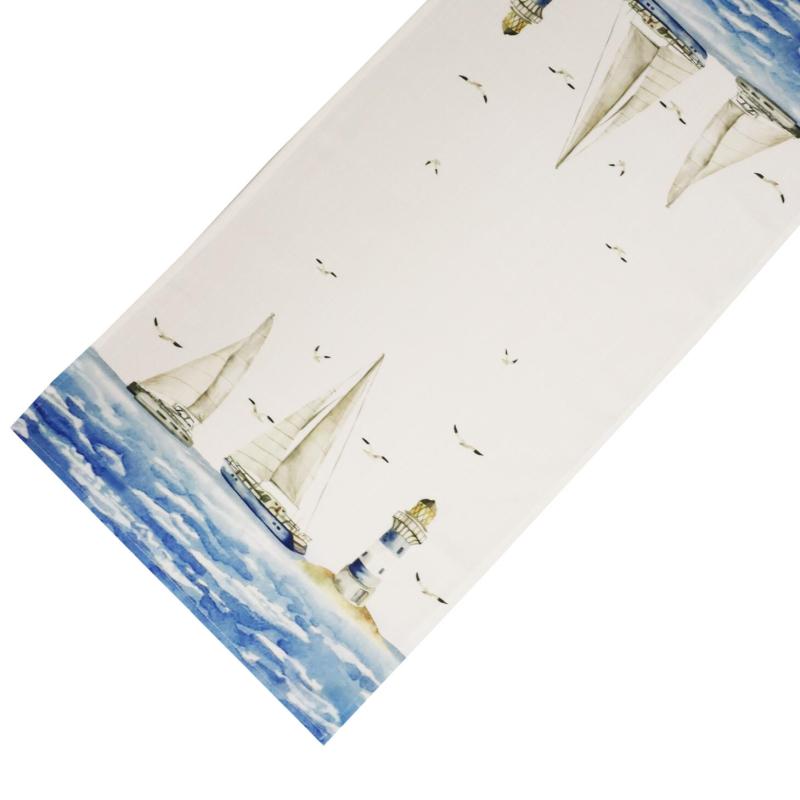Bordslöpare Smögen, med båtar, fyrar och hav. Stl. 40x85 cm, Vit, blå