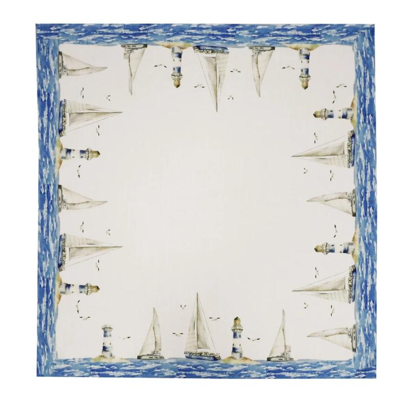 Bordsduk Smögen, med båtar, fyrar och hav. Stl. 85x85 cm, Vit, blå