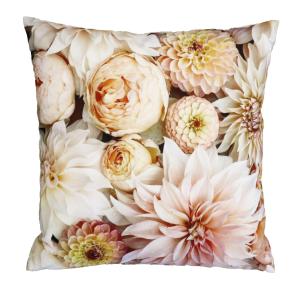 Kuddfodral Dahlia, mönstrat i sammet med dahlior. Stl. 45x45 cm, Creme