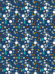 Panelgardin DINNER med köksredskap och grönsaker i vitt, blått, brunt och turkos på blå botten