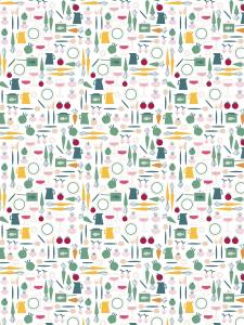 Kuddfodral DINNER med köksredskap och grönsaker i gult, grönt och rosa på vit botten