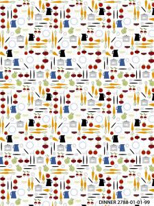 Kuddfodral DINNER med köksredskap och grönsaker i gult, blått och rött på offwhite botten