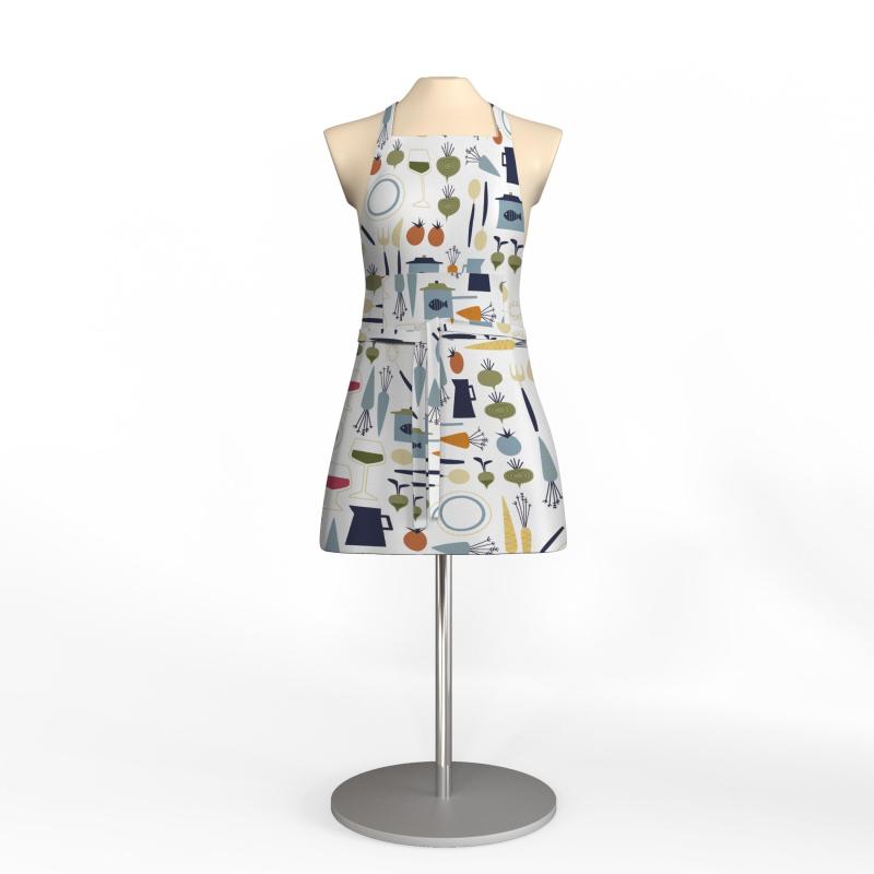 Förkläde DINNER med köksredskap och grönsaker i gult, blått, orange och grönt på vit botten