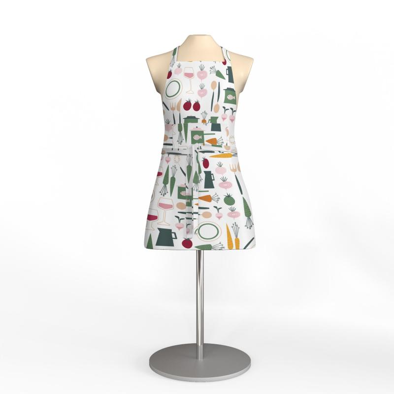Förkläde DINNER med köksredskap och grönsaker i gult, grönt och rosa på vit botten