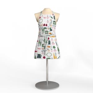 Förkläde DINNER med köksredskap och grönsaker i gult, grönt och rosa på vit botten