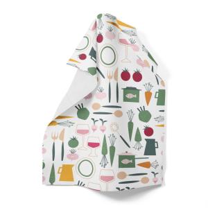 Kökshandduk DINNER med köksredskap och grönsaker i gult, grönt och rosa på vit botten