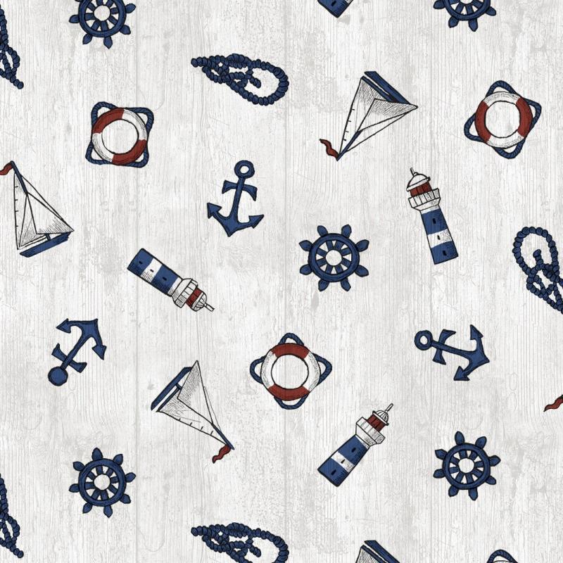 Vaxduk på metervara, MARITIM, med segelbåtar, knopar och fyrar, marint mönster, diameter 140cm, vit, blå