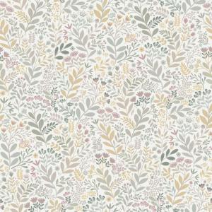 Gardinkappa HAGE på metervara, blad, blommor i ljusgul, ljusrosa, ljusgrönt