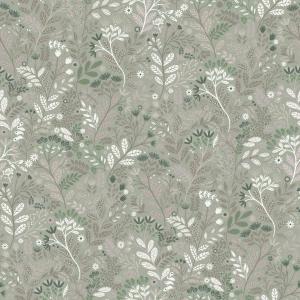 Gardinkappa HAGE på metervara, blad och blommor i grönt