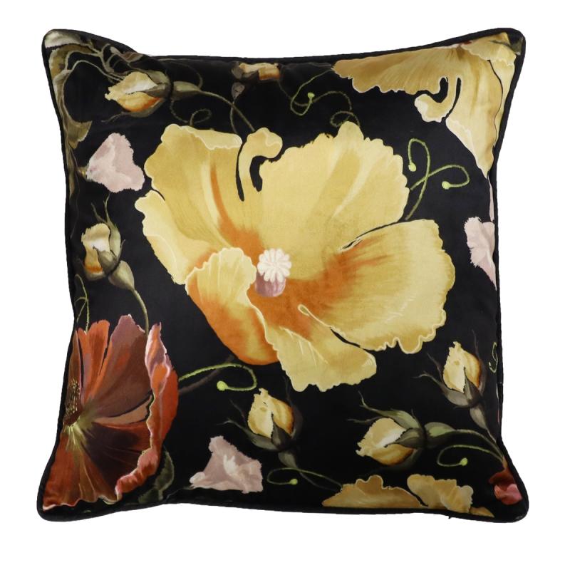 Kuddfodral ALEXIS med blommor i gult och rost på svart bottenfärg
