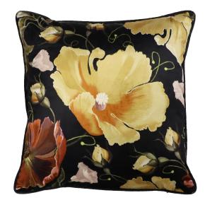 Kuddfodral ALEXIS med blommor i gult och rost på svart bottenfärg