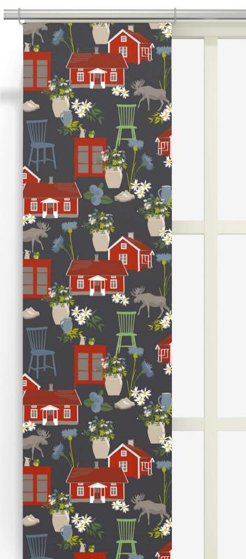 Panelgardin Strövtåg, hus, byrå, älg, krukor, stolar Stl. 2st 43x240cm, grå, röd, ljusblå, grön