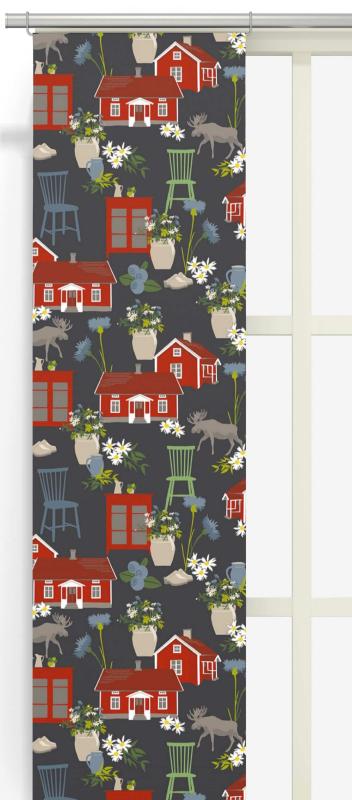 Panelgardin Strövtåg, hus, byrå, älg, krukor, stolar Stl. 2st 43x240cm, grå, röd, ljusblå, grön